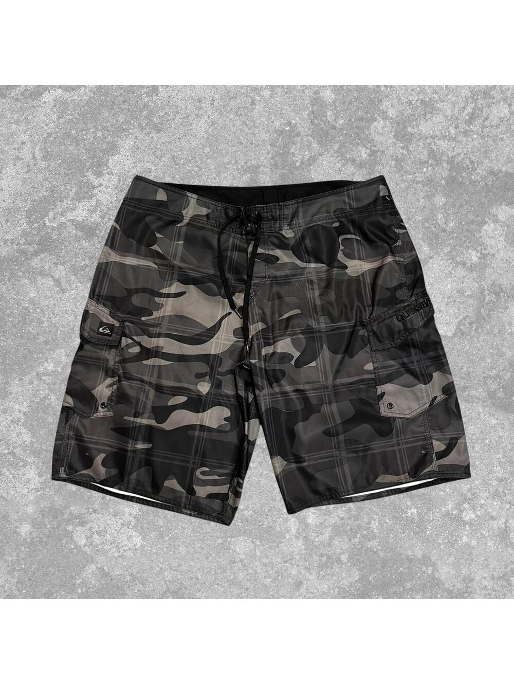 Quiksilver Boardshorts Mens 40 Black Gray Camo Plaid Cargo Surf Beach Shorts